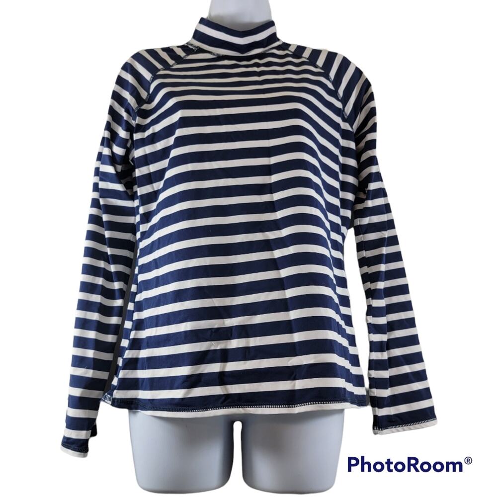 Garnet Hill Blue White Striped Long Sleeve Turtleneck Back Zip Top Size Large